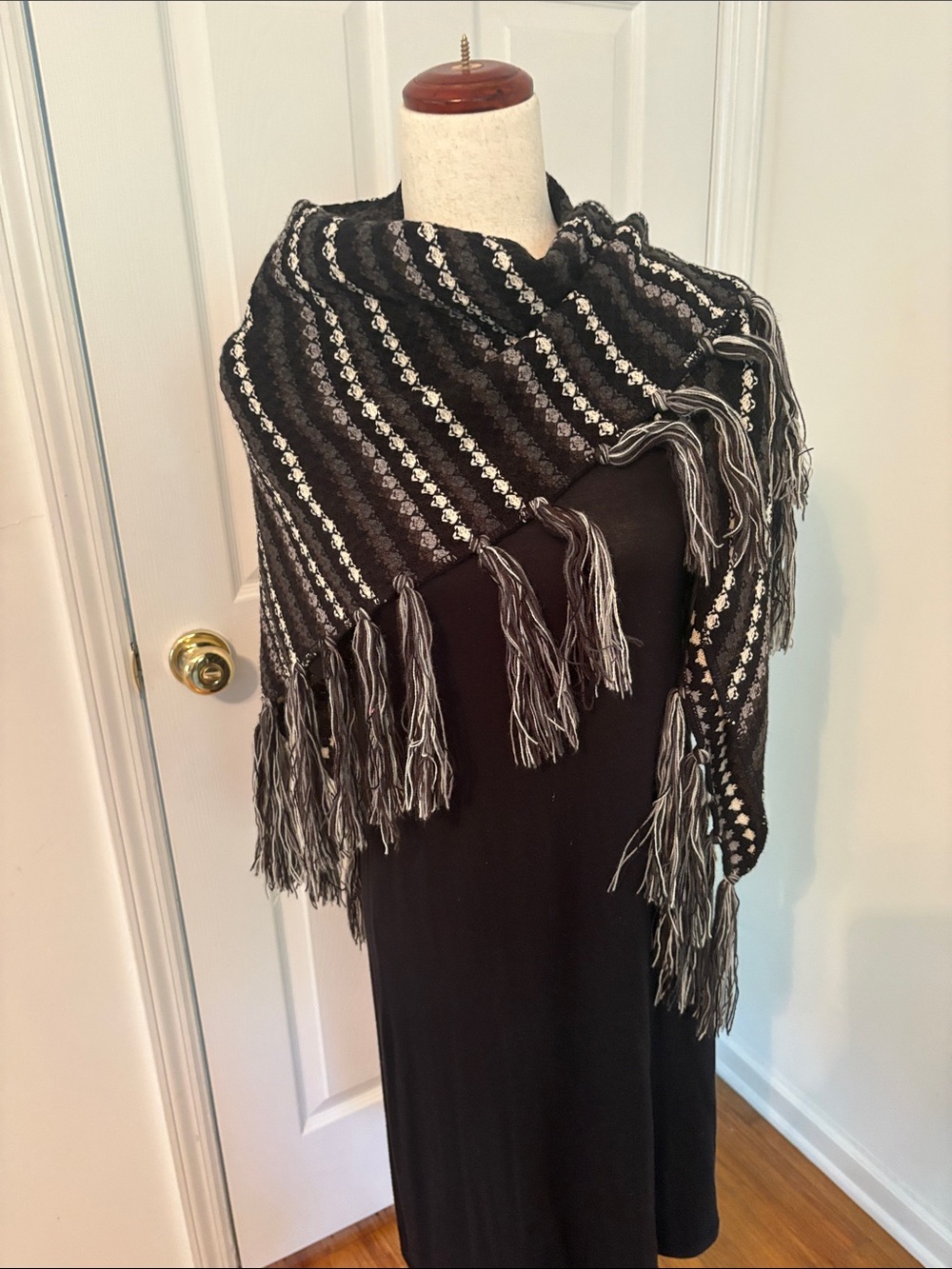 Steve Madden Black and Gray Fringe Shawl Wrap - Picture 3 of 3